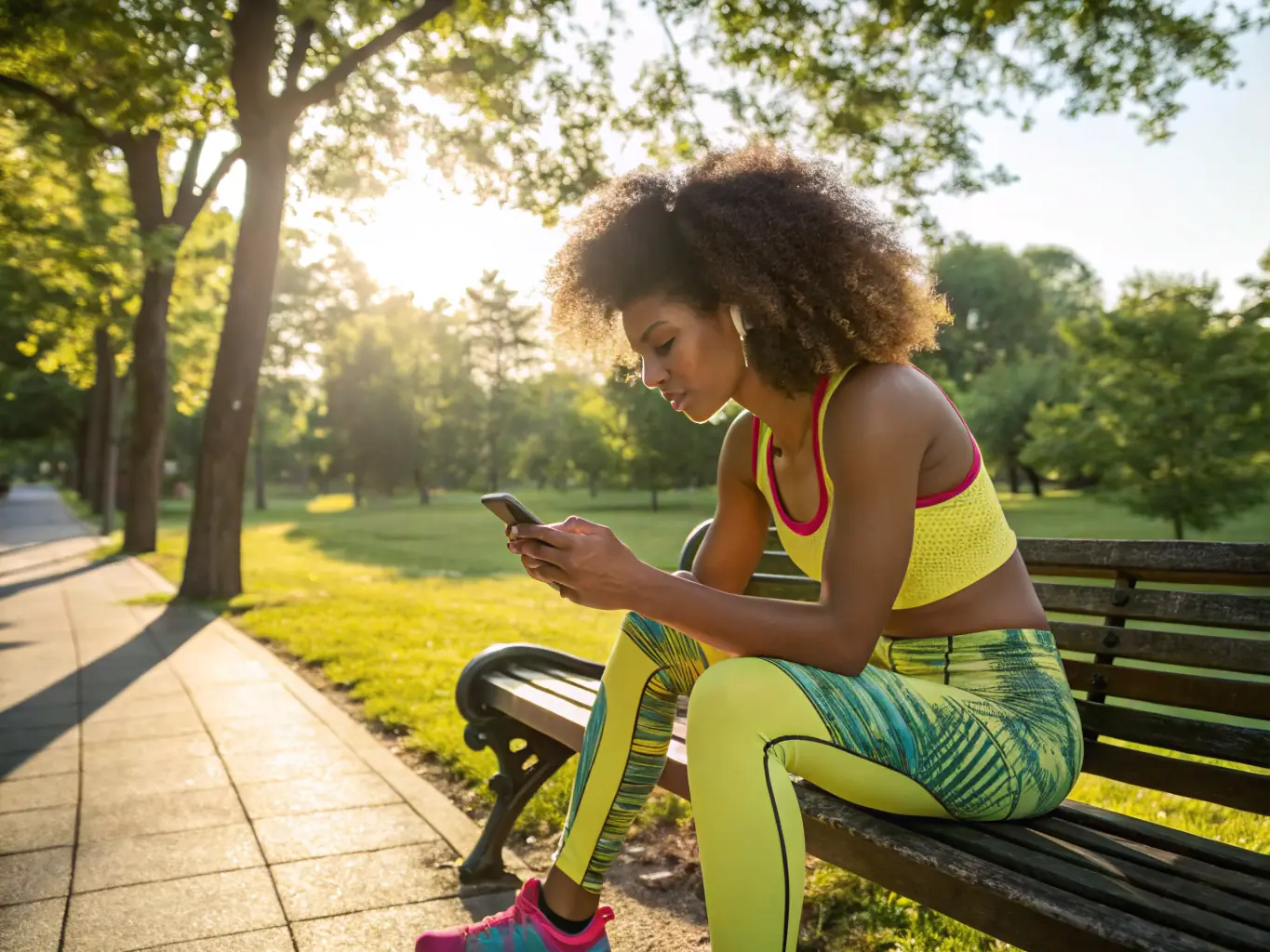 A person using a fitness app on their smartphone while exercising outdoors, tracking their progress and staying motivated.