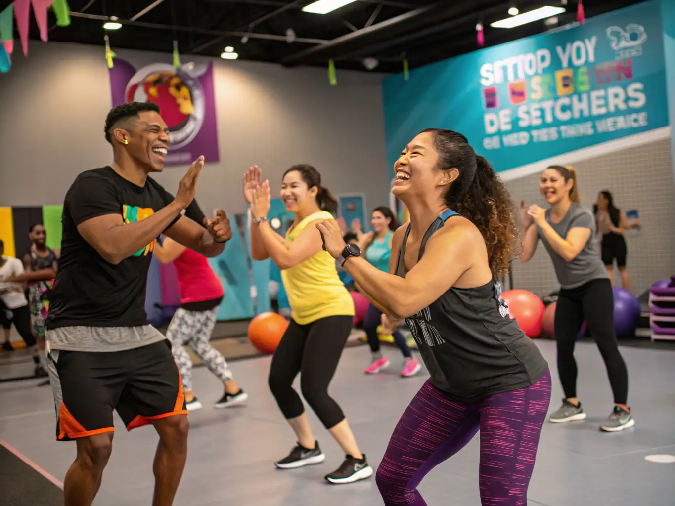 A group of people participating in a dynamic and engaging group fitness class, led by an enthusiastic instructor.