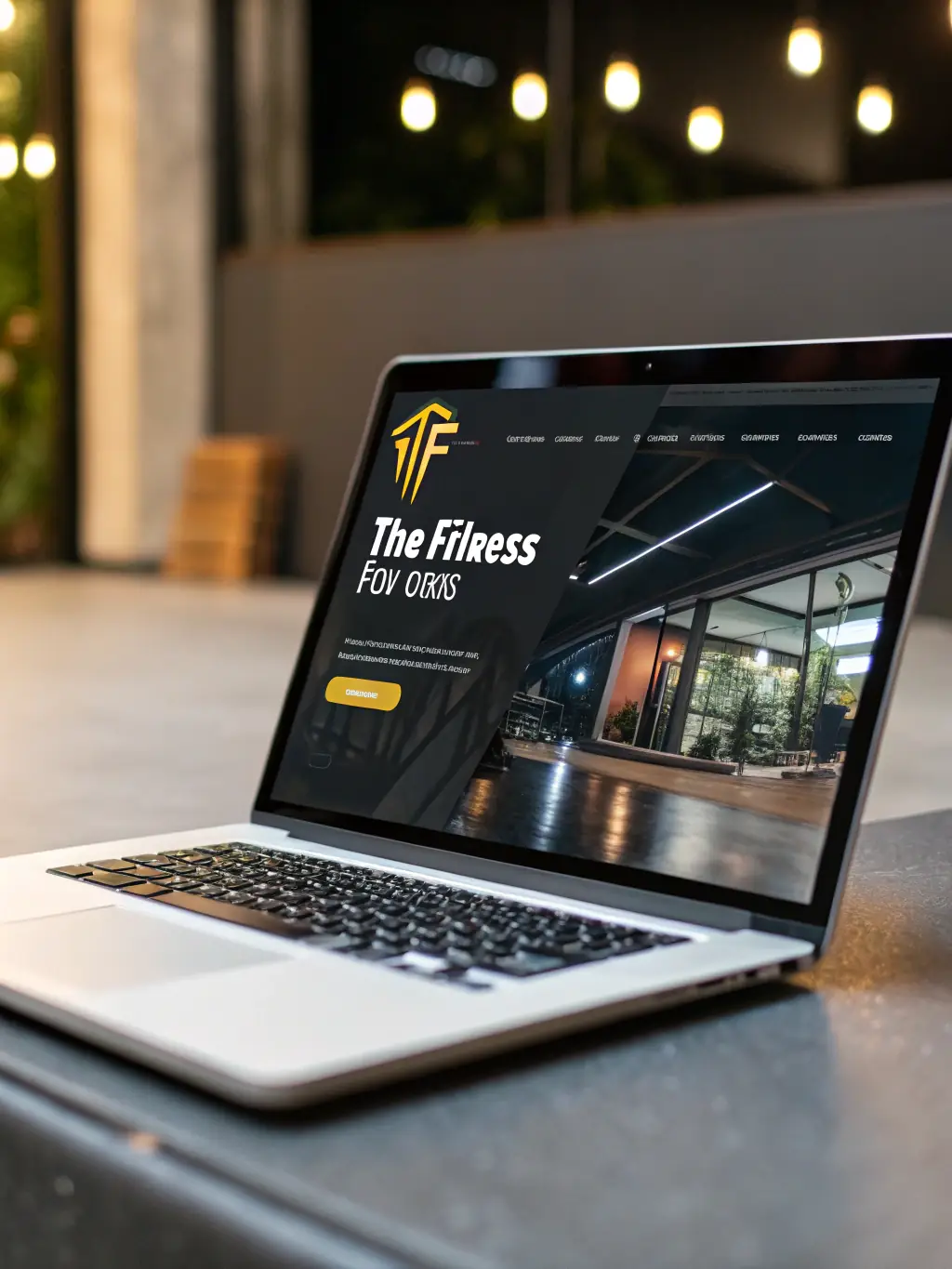 A professional photograph of a fitness studio's website on a laptop, emphasizing the importance of a strong online presence.