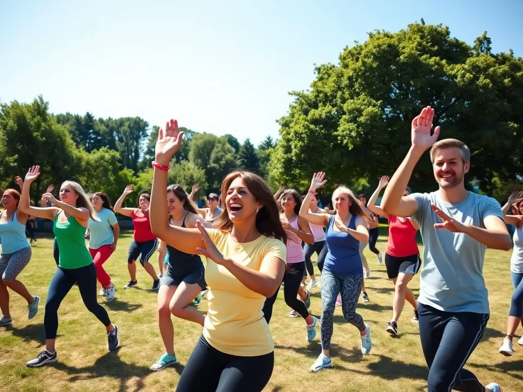 A vibrant image of a diverse group of individuals participating in a group fitness class outdoors, led by an enthusiastic instructor, showcasing the community aspect of personalized fitness programs.