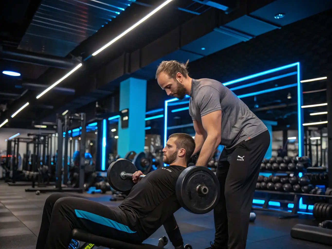 A focused image of a personal trainer providing one-on-one guidance to a client in a well-equipped gym, emphasizing the personalized attention and tailored workout plans.