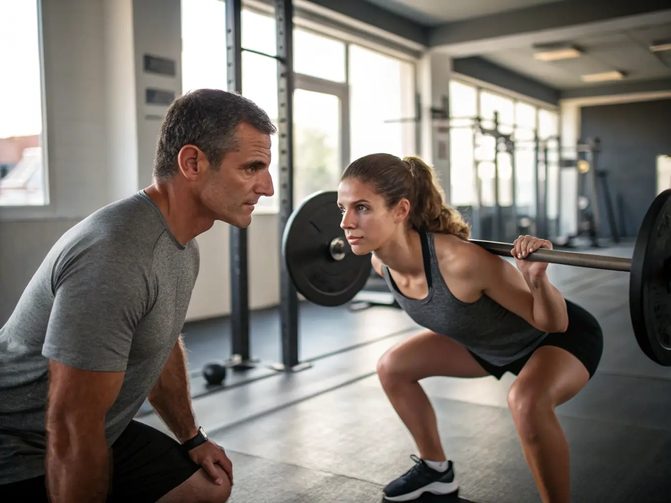 A person working one-on-one with a fitness trainer in a modern gym setting, focusing on personalized exercise techniques.